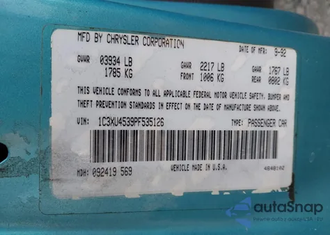 1993 Chrysler Lebaron z USA, uszkodzony, nr VIN 1C3XU4539PF535126